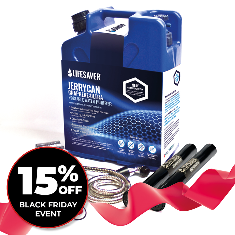 Carregar imagem no visualizador da galeria, Lifesaver JerryCan Graphene Ultra water purifier with accessories on a white background, featuring a Black Friday discount offer.
