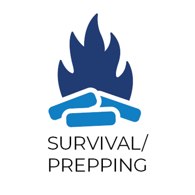 Blue campfire icon with 'Survival/Prepping' text on a white background