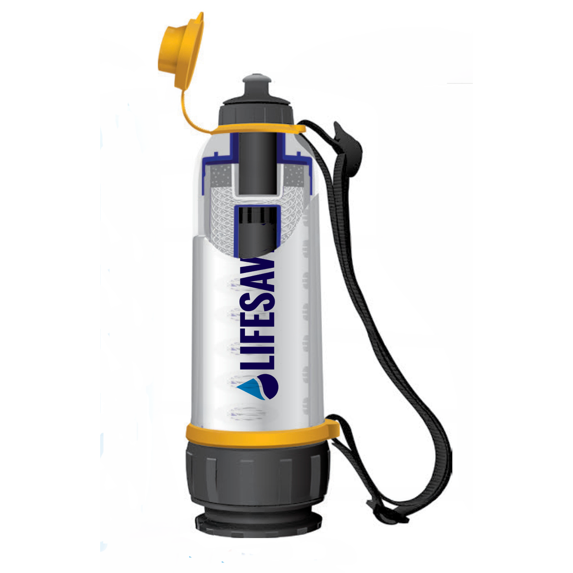 A Lifesaver water bottle with a transparent body, yellow accents, a black cap and base, and a black carrying strap, shown on a plain white background.