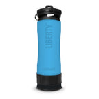 Blue water filter bottle with black lid on a white background