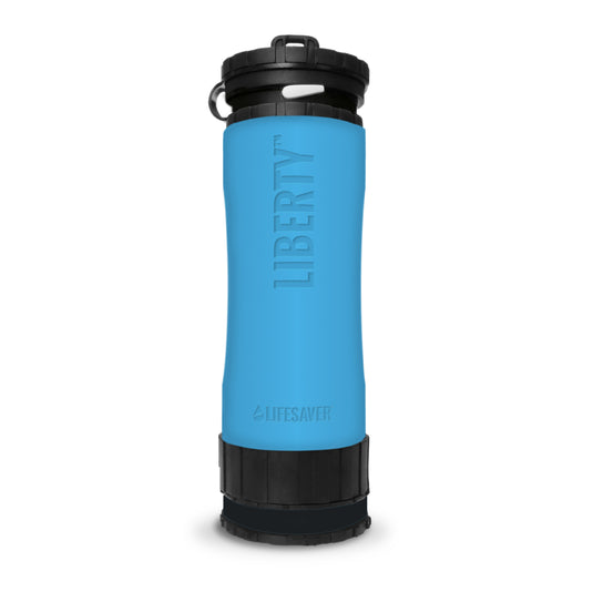 Blue water filter bottle with black lid on a white background