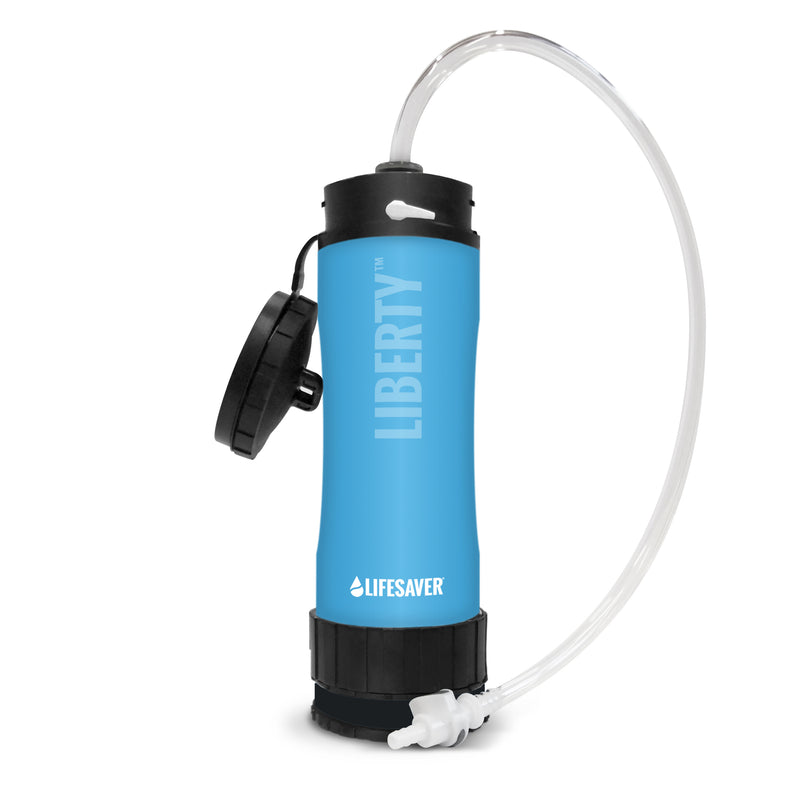 Load image into Gallery viewer, Blue Liberty LifeSaver water filter with hydration bladder connector on a white background

