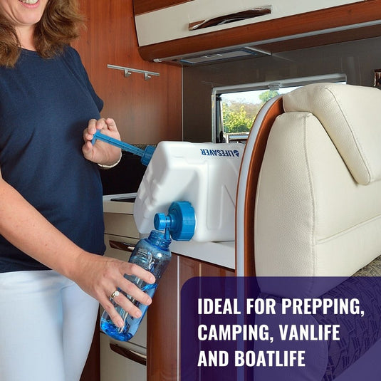 Person filling a blue water bottle from a LifeSaver Cube inside a vehicle, with text about prepping for camping and vanlife.