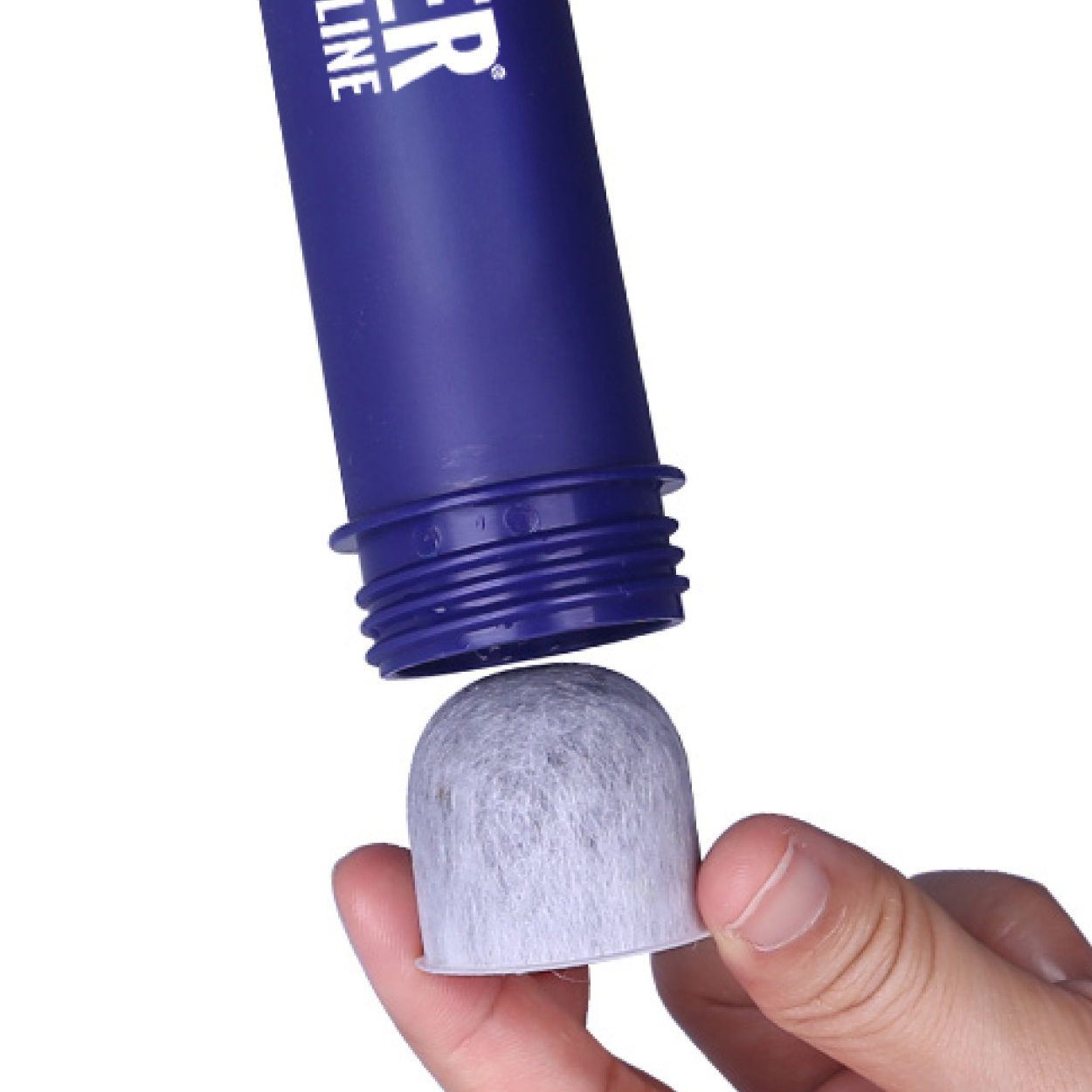 Shows a LifeSaver Lifeline carbon filter being inserted into a Lifeline