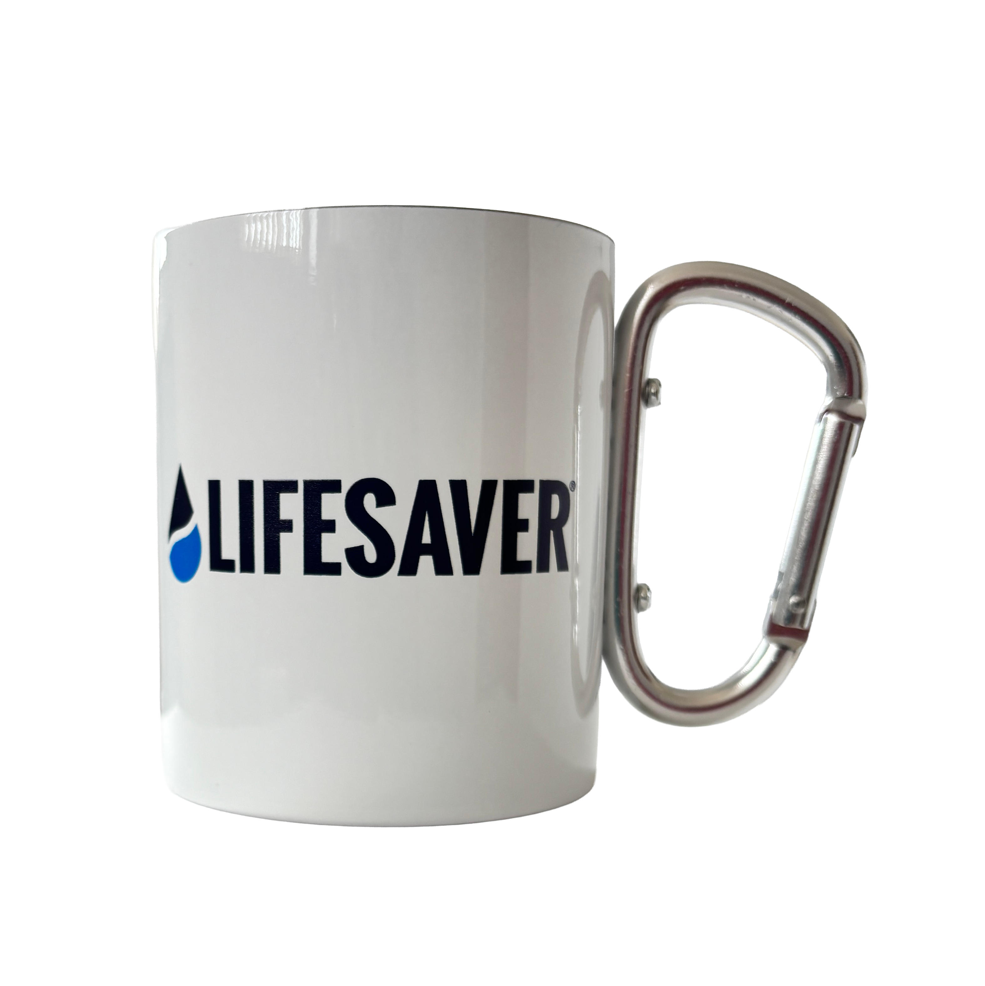 White mug with 'Lifesaver' text and a carabiner handle on a white background