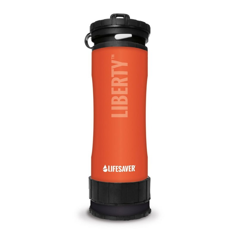 Load image into Gallery viewer, Orange water bottle with black lid and &#39;Lifesaver&#39; branding on a white background
