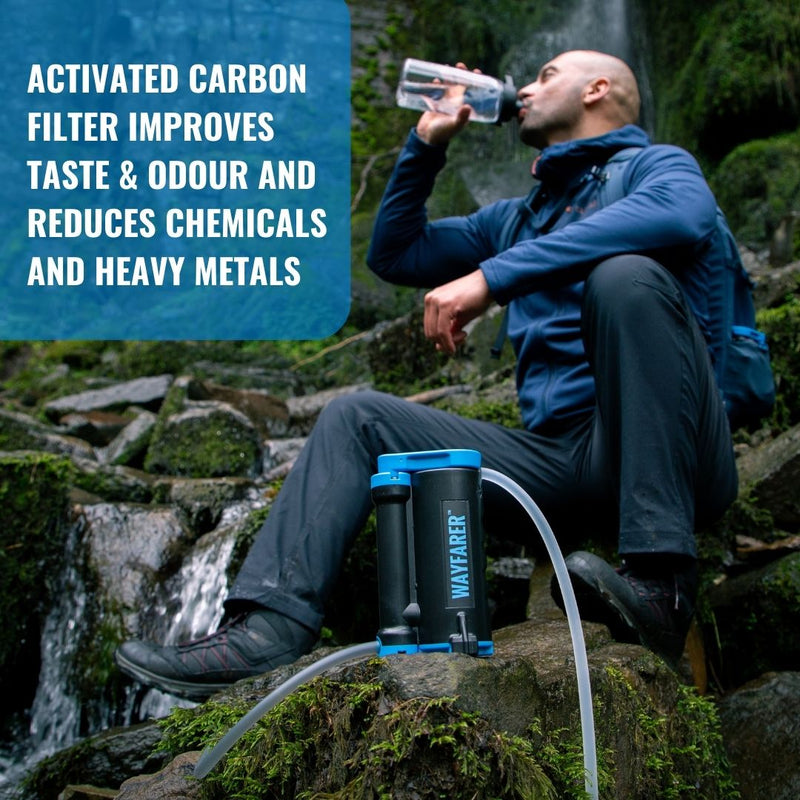 Carregar imagem no visualizador da galeria, Wayfarer water purifier in front of a hiker drinking freshly purified water
